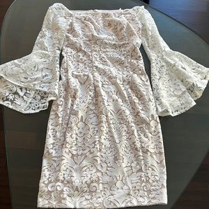 White lace off the shoulder mid length dress